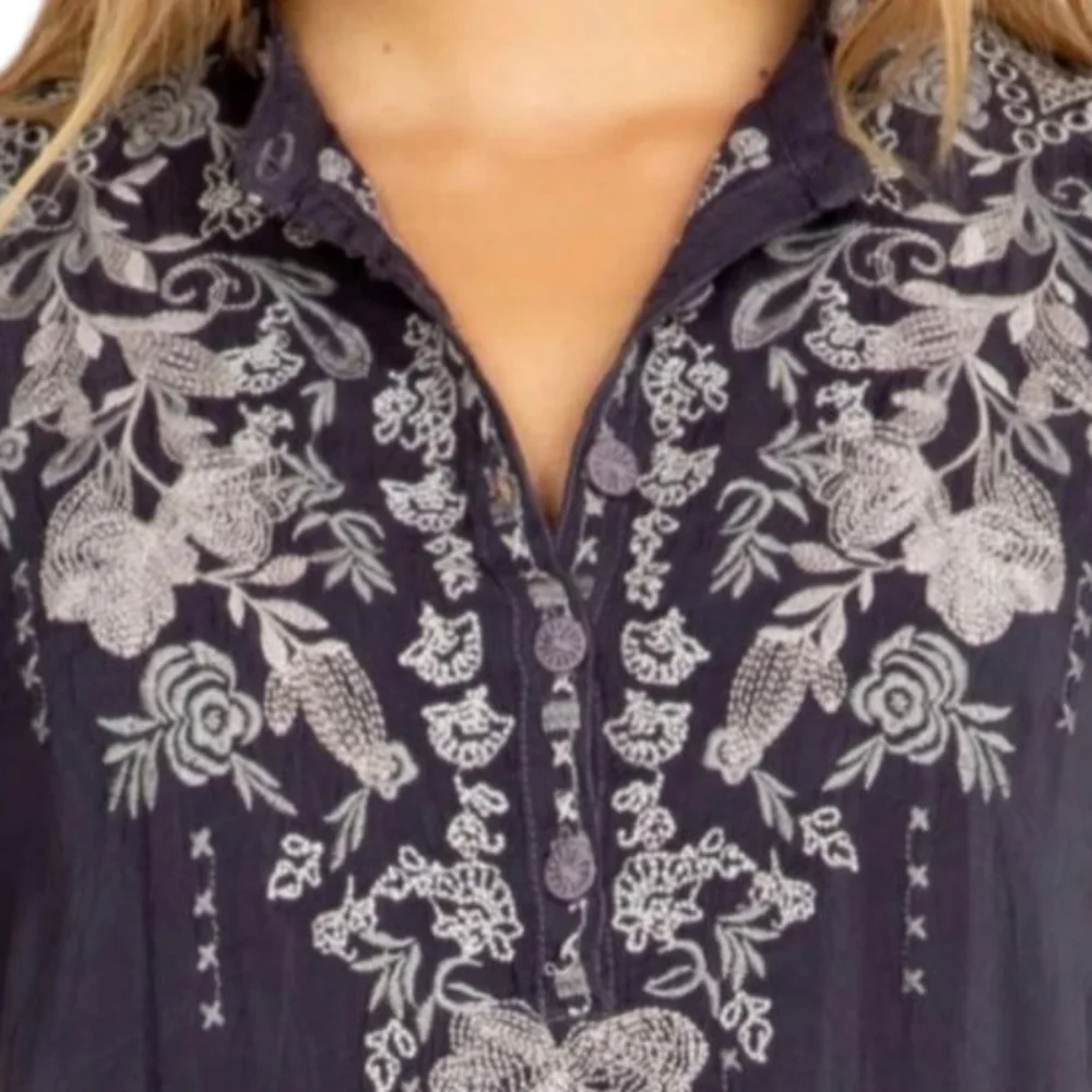 JOHNNY WAS Fletcher Embroidered Tunic Top Blue Grey Oversized Small - Picture 4 of 12